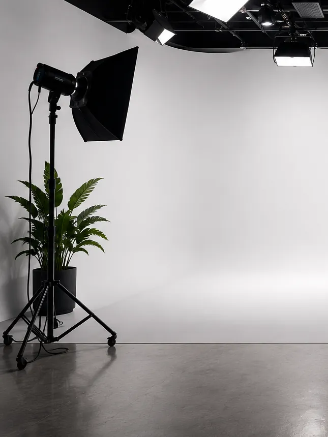 Softbox lighting on the white cyclorama at the Reel Deal Studios photography stage in Miami