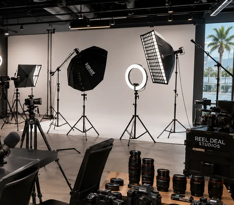 Softboxes, ring light and strobes rigged in front of the white cyclorama at Reel Deal Studios