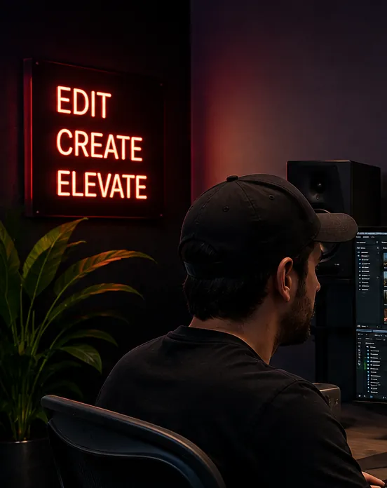 EDIT CREATE ELEVATE neon above an editor working at the Reel Deal Studios post-production bay