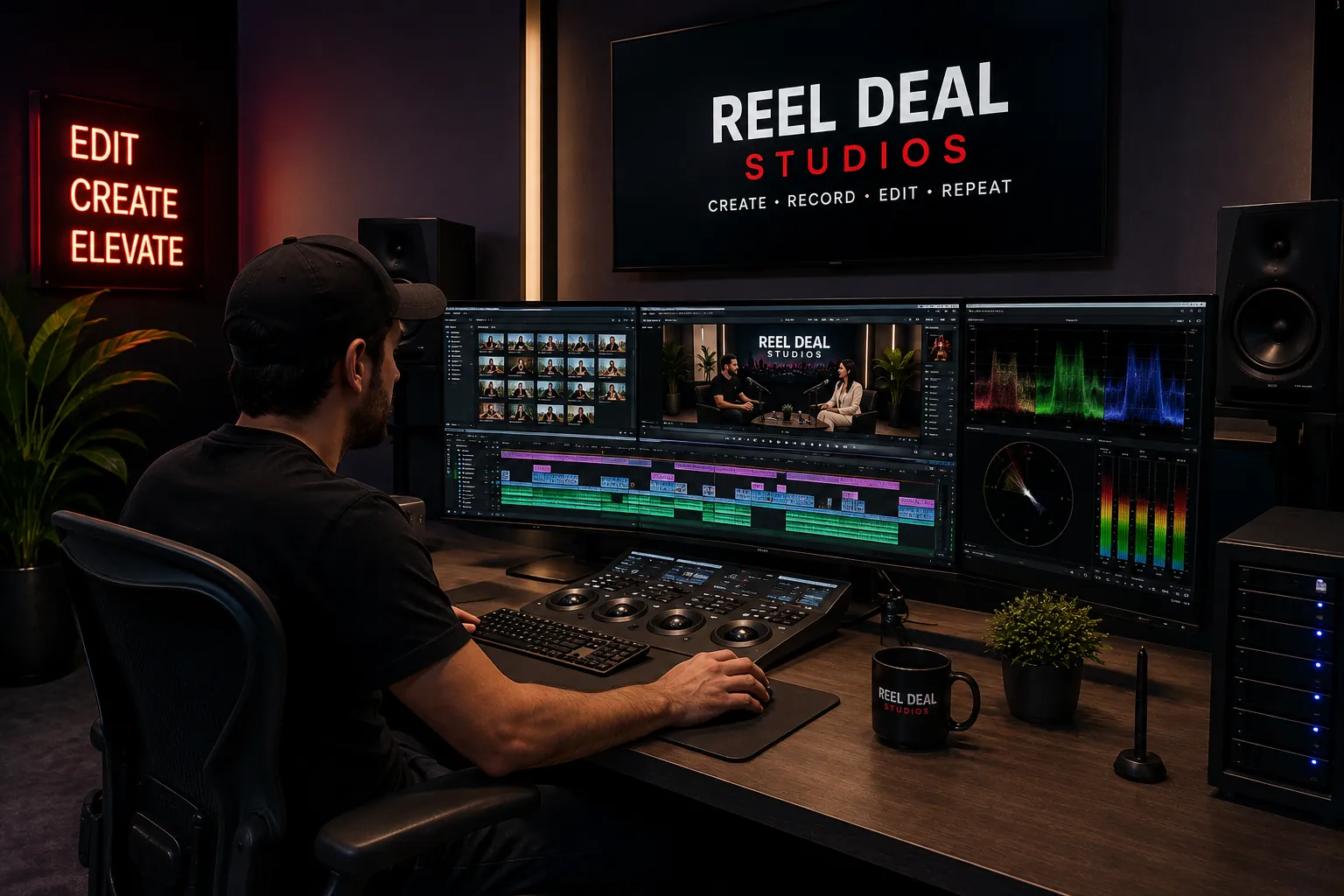 The Reel Deal Studios colour and edit suite in Miami — grading panel, reference monitors and EDIT CREATE ELEVATE neon