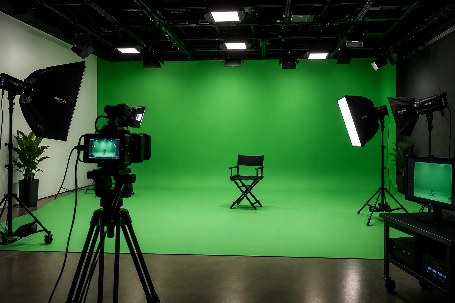 Green screen chroma key stage prepared with softboxes, overhead lighting and a camera on sticks