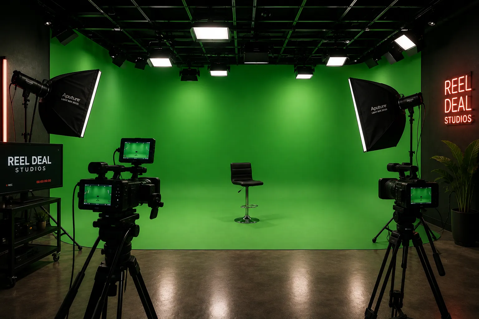 The Reel Deal Studios green screen stage in Miami, lit and framed by two cinema cameras with a REC monitor