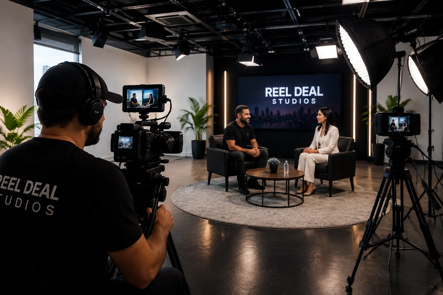 A two-camera interview in progress on the Reel Deal Studios set in Miami