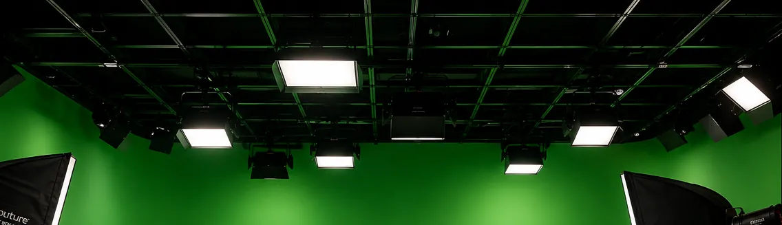 The overhead lighting grid above the Reel Deal Studios production stage