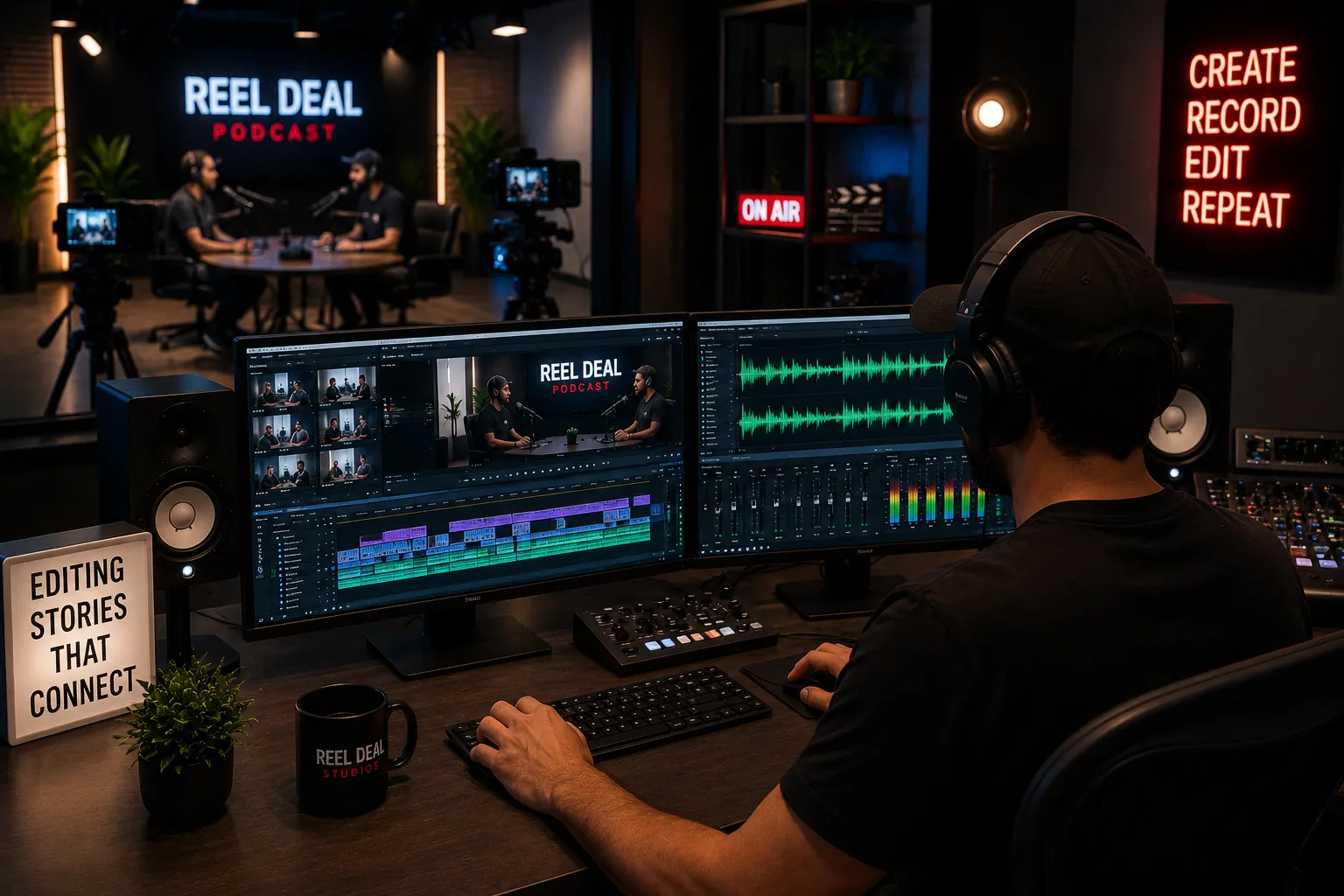 A Reel Deal Studios editor cutting an episode while a podcast is still being recorded in the room behind