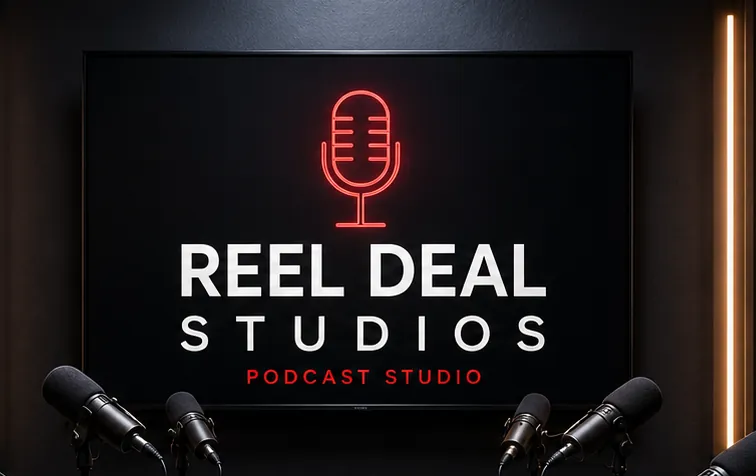Reel Deal Studios branding on the studio display above three microphones