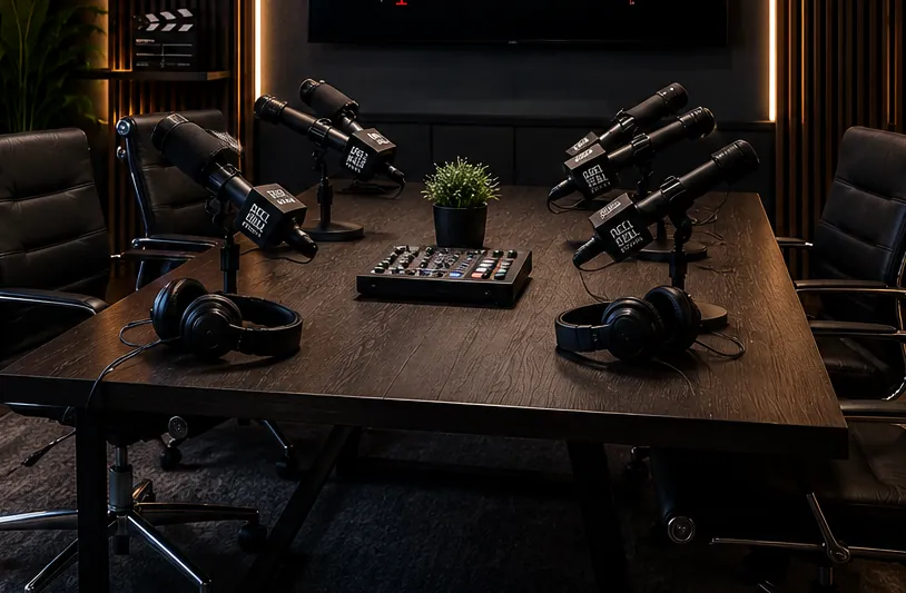 Branded broadcast microphones, headphones and a mixer on the Reel Deal Studios podcast table