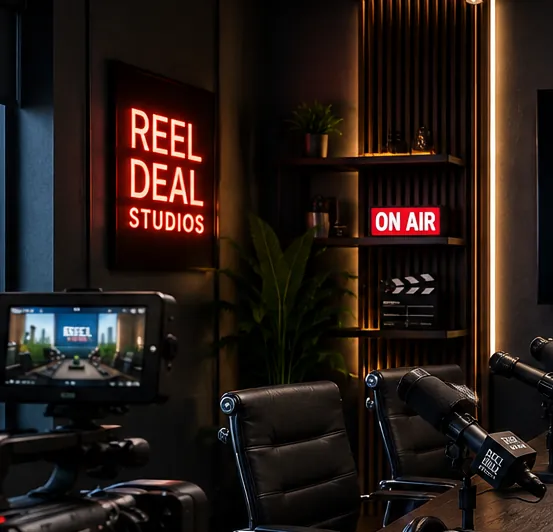 The Reel Deal Studios neon sign and ON AIR light inside the Miami podcast studio
