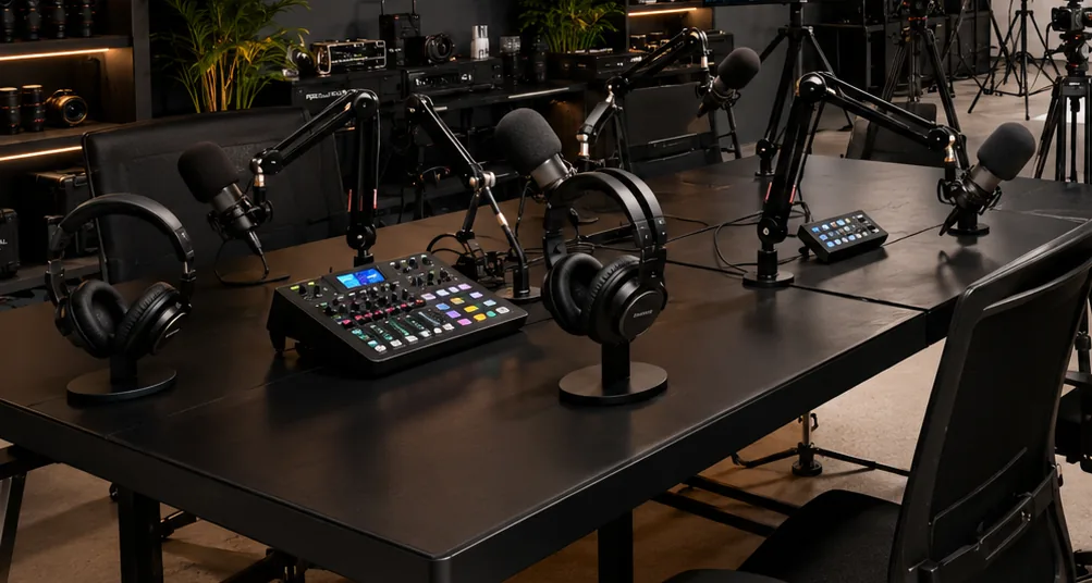 The four-seat podcast desk at Reel Deal Studios with broadcast microphones, headphones and a mixer