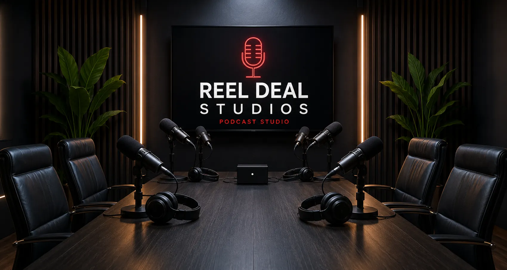 The Reel Deal Studios logo wall with the neon microphone mark above the podcast table