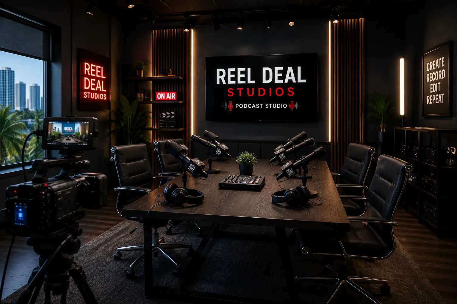The Reel Deal Studios podcast stage in Miami — six branded microphones, an ON AIR sign and the Miami skyline through the window