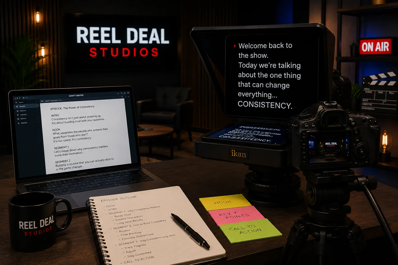 Pre-production at Reel Deal Studios — episode outline, script and teleprompter loaded before a podcast recording