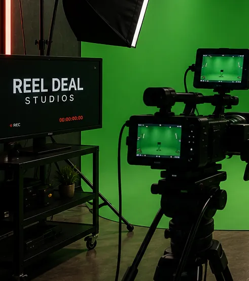 The Reel Deal Studios live monitor showing timecode and a REC indicator beside the green screen
